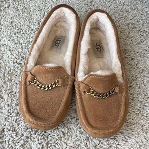 UGG Chestnut Suede Shearling Moccasins with Gold Chain Accent